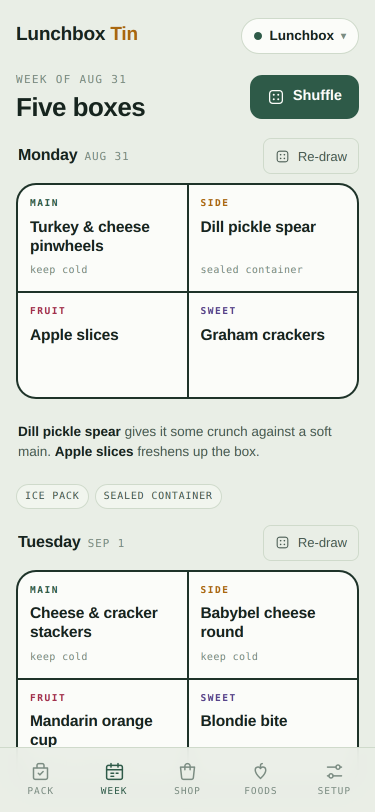The planner showing Monday through Friday, each as a four-compartment lunchbox with a main, side, fruit and sweet.